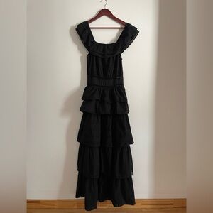 MISA Los Angeles Off-Shoulder Black Eyelet Cotton Tiered Maxi Dress